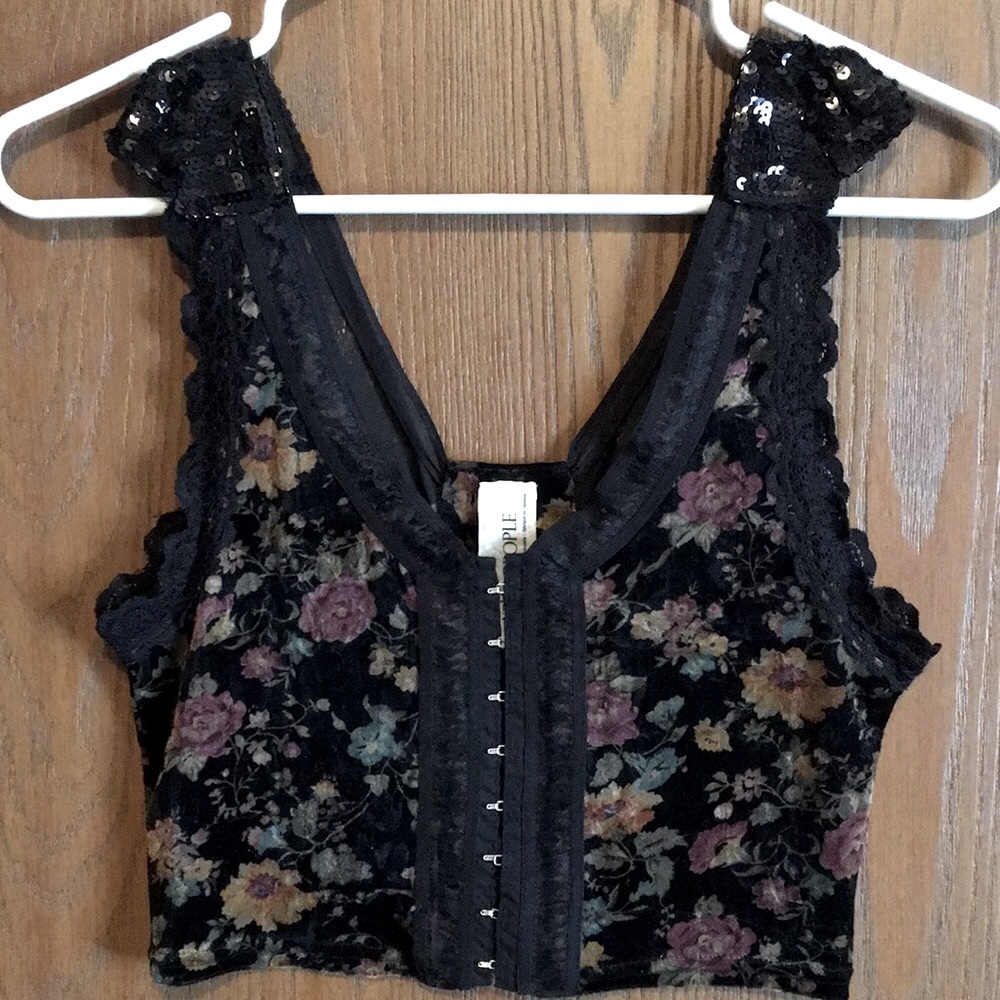 Free people gypsy boho witchy velvet floral sequin corset style cropped tank top
